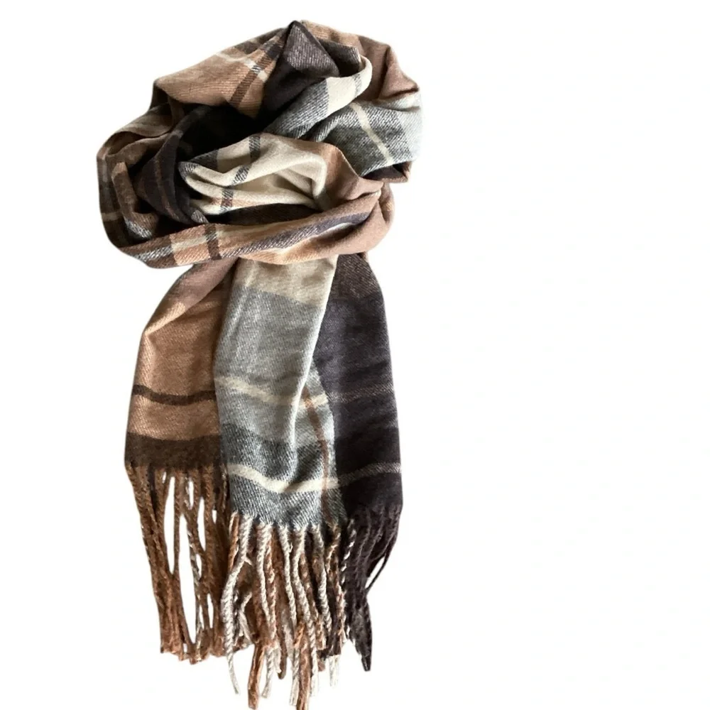 Self Service Plaid Woolen Scarf Shawl Wrap Brown Earth Tones New